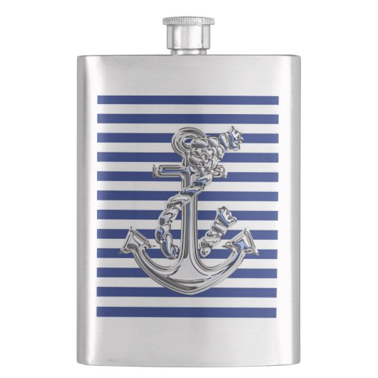 Chrome Touw Anker Nautical op Navy Stripes Print Heupfles (Voorkant)