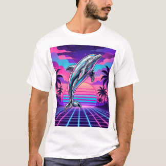 Chrome Vaporwave Dolfijn — Retro Zonsondergang Gri T-shirt