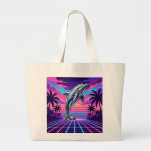 Chrome Vaporwave Dolfijn Retro Zonsondergang Grote Tote Bag