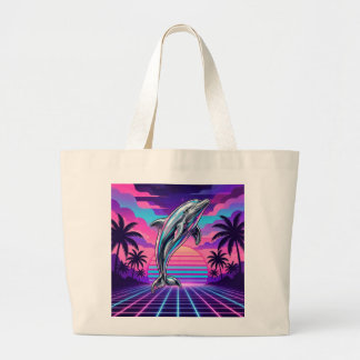 Chrome Vaporwave Dolfijn Retro Zonsondergang Grote Tote Bag