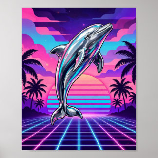 Chrome Vaporwave Dolfijn Retro Zonsondergang Poster