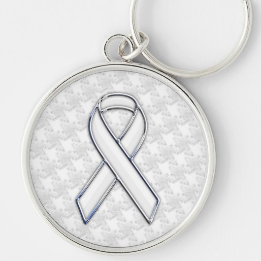 Chrome White over White Ribbon Awareness Houndstoo Sleutelhanger (Voorkant)