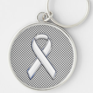 Chrome White Ribbon Awareness Carbon Fiber Decor Sleutelhanger