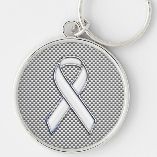 Chrome White Ribbon Awareness Carbon Fiber Decor Sleutelhanger (Voorkant)