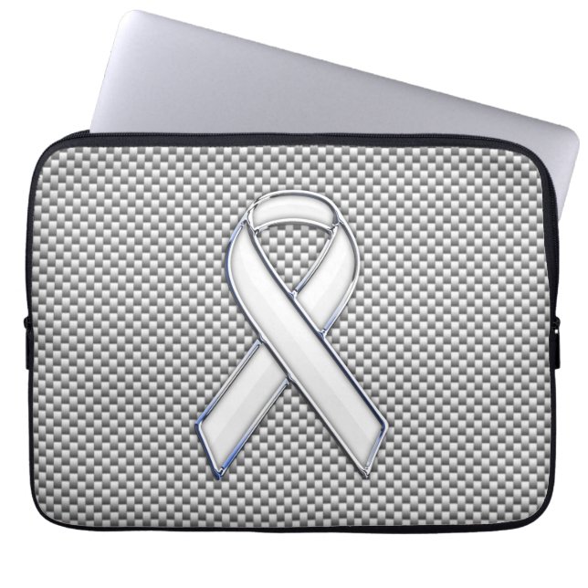 Chrome White Ribbon Awareness Carbon Fiber Print Laptop Sleeve (Voorkant)