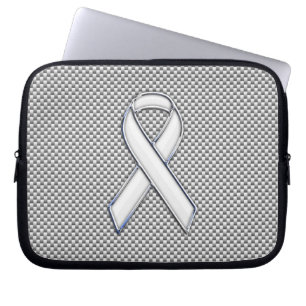 Chrome White Ribbon Awareness Carbon Fiber Print Laptop Sleeve