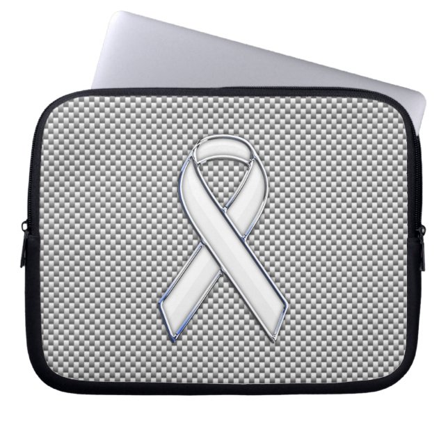 Chrome White Ribbon Awareness Carbon Fiber Print Laptop Sleeve (Voorkant)
