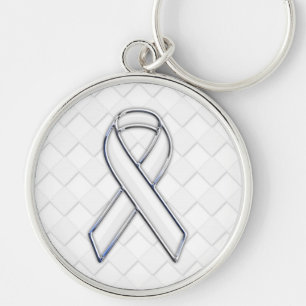 Chrome White Ribbon Awareness on Checkers Decor Sleutelhanger