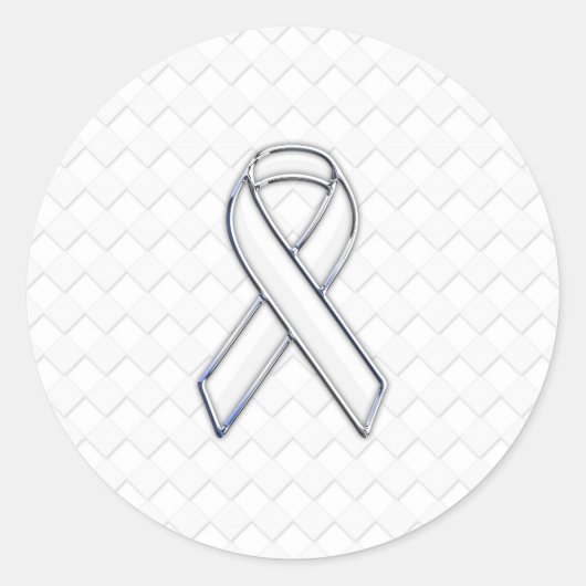 Chrome White Ribbon Awareness on Checkers Print Ronde Sticker (Voorkant)