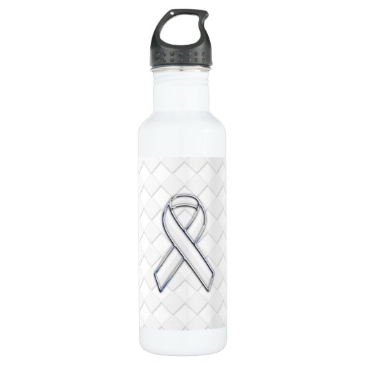 Chrome White Ribbon Awareness on Checkers Print Waterfles (Voorkant)