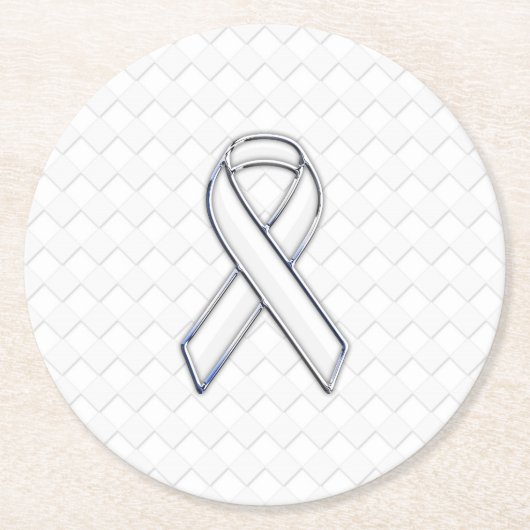 Chrome White Ribbon Awareness on Checkers Ronde Kartonnen Onderzetter (Voorkant)