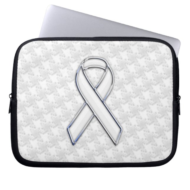 Chrome White Ribbon Awareness on Houndstooth Print Laptop Sleeve (Voorkant)