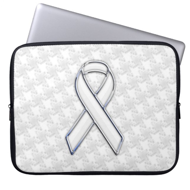 Chrome White Ribbon Awareness on Houndstooth Print Laptop Sleeve (Voorkant)