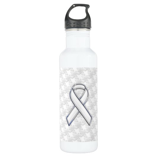 Chrome White Ribbon Awareness on Houndstooth Print Waterfles (Voorkant)