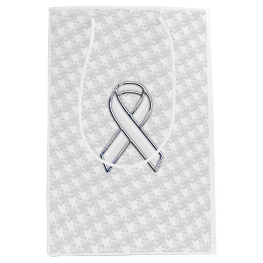 Chrome White Ribbon Awareness on Houndstooth Style Medium Cadeauzakje (Voorkant)