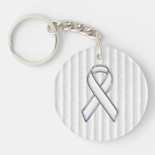 Chrome White Ribbon Awareness on Vertical Stripes Sleutelhanger