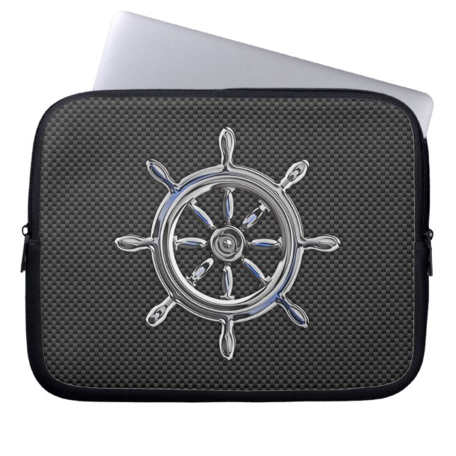 Chrome Wiel op Zwarte Koolstofvezel Stijlen Laptop Sleeve (Voorkant)