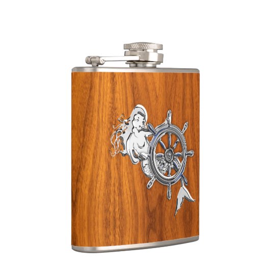 Chrome Zeemeermin op Teak Print Heupfles (Rechts)