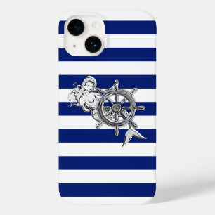 Chrome Zeemeermin Print op Navy Stripes Case-Mate iPhone 14 Hoesje