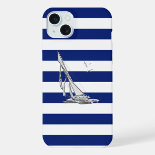 Chrome Zeilboot op Navy Stripes iPhone 15 Plus Case