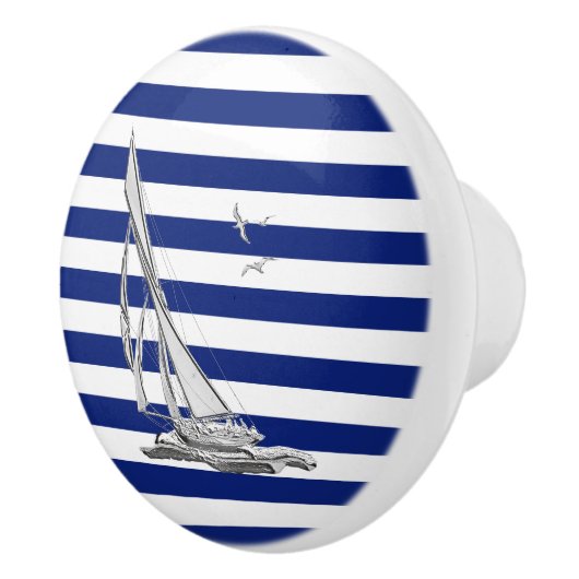 Chrome Zeilen op Nautical Navy Blue Stripes Print Keramische Knop (Rechts)