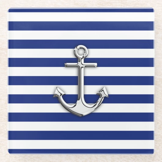 Chrome zoals Anchor Nautical Navy Blue Stripes Glazen Onderzetter (Voorkant)