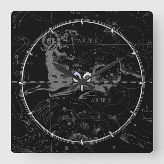 Chrome zoals Aries Zodiac Sign on Hevelius Black Vierkante Klok (Voorkant)