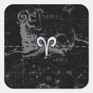 Chrome zoals Aries Zodiac Sign on Hevelius Black Vierkante Sticker