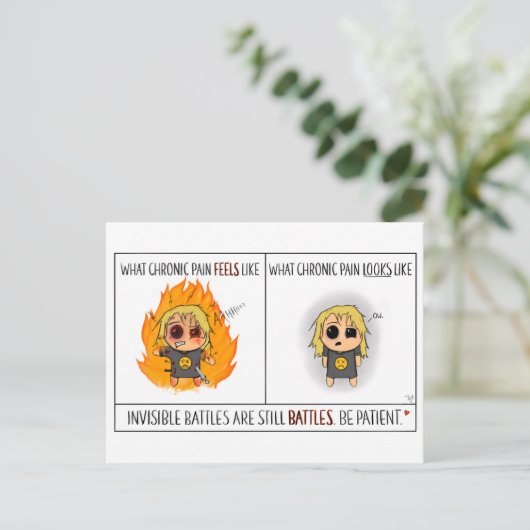 Chronische pijn comisch briefkaart (Staand voorkant)