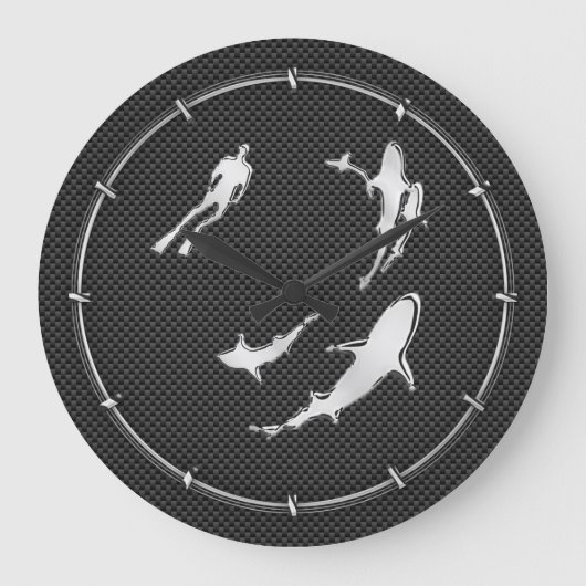 Chroom als duiker met haaien op koolstofvezel grote klok (Voorkant)