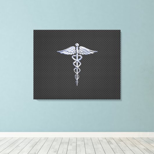 Chroom als kaduceus medisch symbool koolstofvezel canvas afdruk (Insitu (Houten vloer))