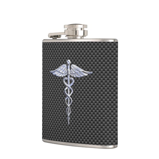 Chroom als kaduceus medisch symbool koolstofvezel heupfles (Links)