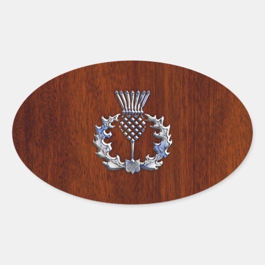 Chroom als Thistle op Mahogany Wood Style Ovale Sticker (Voorkant)