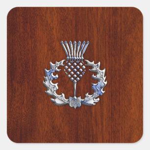 Chroom als Thistle op Mahogany Wood Style Vierkante Sticker