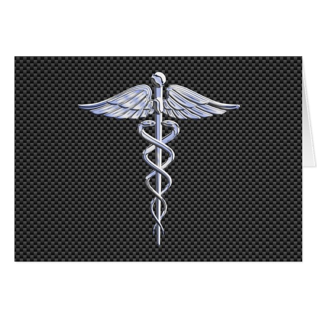 Chroom Caduceus Medisch Symbool Zwarte Koolstofvez (Voorkant Horizontaal)