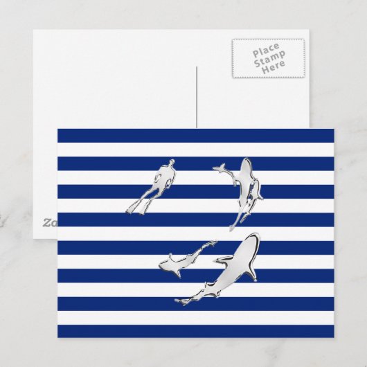 Chroom like Diver and Sharks on Nautical Stripes Briefkaart (Voorkant / Achterkant)
