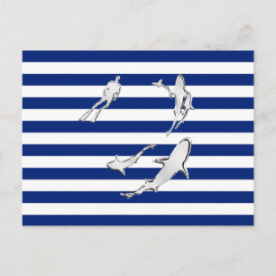 Chroom like Diver and Sharks on Nautical Stripes Briefkaart