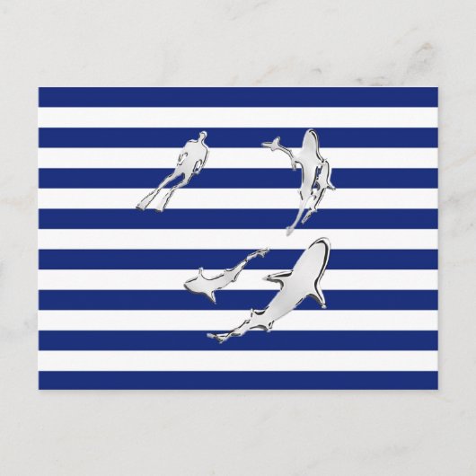 Chroom like Diver and Sharks on Nautical Stripes Briefkaart (Voorkant)