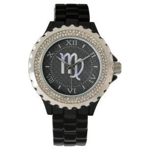Chroom like Virgo Zodiac Sign on Black Dial Horloge