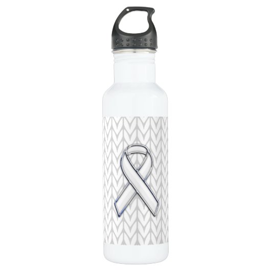 Chroom on White Knit Ribbon Awareness Print Waterfles (Voorkant)