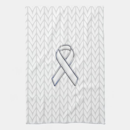 Chroom on White Knitting Ribbon Awareness Print Theedoek (Verticaal)