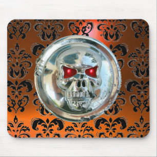 CHROOM SKULL ,Damast, Oranje Agaat Muismat