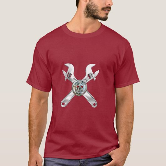 CHROOM SKULL EN GEKROSSEERDE WRENCHES T-SHIRT (Voorkant)