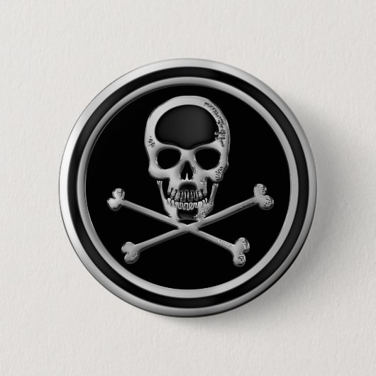 CHROOM SKULL EN ROSSBONEN RONDE BUTTON 5,7 CM (Voorkant)