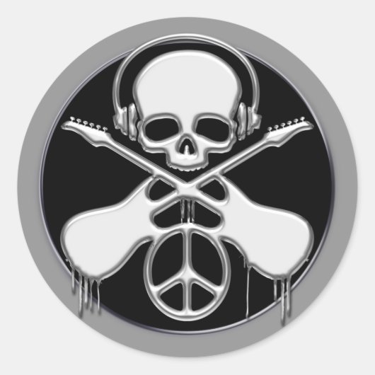 CHROOM SKULL, GUITAR EN PEACE SIGN RONDE STICKER (Voorkant)