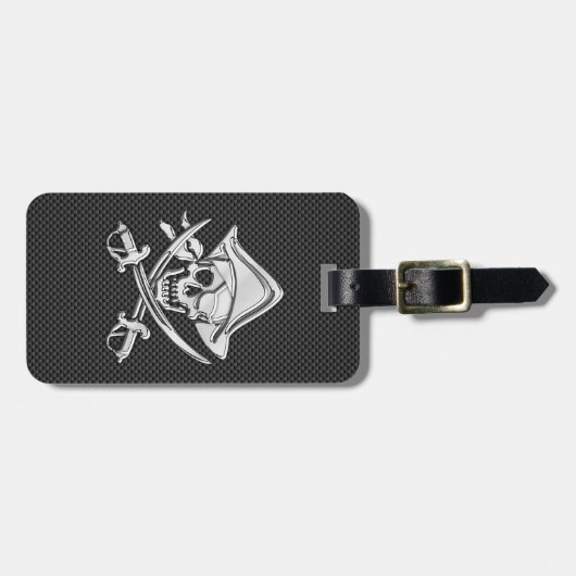 Chroomachtige piraat op zwarte koolstofvezel bagagelabel (Voorkant horizontaal)