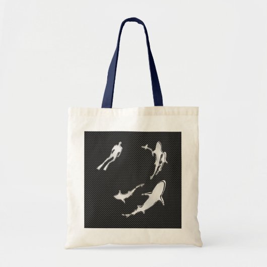 Chroomduiker met haaien op koolstofvezel tote bag (Voorkant)