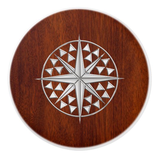 Chroomkompas op Nautische Mahonie Grain Print Keramische Knop (Voorkant)