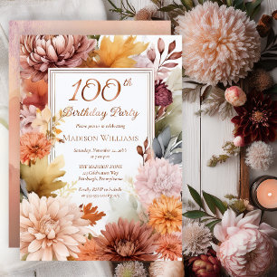 Chrysanten Pioenrozen Bloemig 100ste verjaardagsfe Folie Uitnodiging