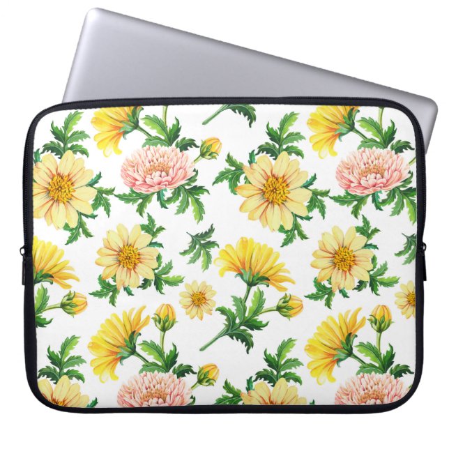 Chrysanten Waterverf: Naadloos bloemenontwerp Laptop Sleeve (Voorkant)